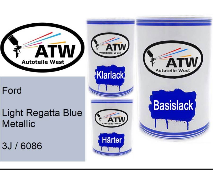 Ford, Light Regatta Blue Metallic, 3J / 6086: 500ml Lackdose + 500ml Klarlack + 250ml Härter - Set, von ATW Autoteile West.